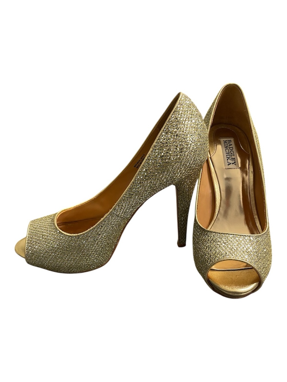 Badgley Mischka Gold Glitter Peep-Toe Pumps